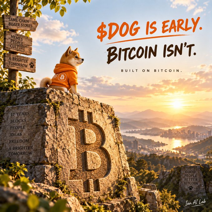 A promotional image showing a Shiba Inu dog wearing an orange Bitcoin hoodie sitting on a large stone engraved with the Bitcoin "B" symbol. Text reads "$DOG IS EARLY. BITCOIN ISN'T." and "BUILT ON BITCOIN." with signs reading "SAME CHAIN BIGGER STORIES," "MEMES PEOPLE CULTURE," and "A BRIGHTER TOMORROW." Signed "Ian AI Lab."