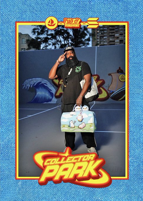 A promotional trading card-style image featuring a bearded man holding a cute cartoon-themed duffel bag, labeled 'COLLECTOR PARK' and 'PUDGY PENGUINS' at the top.