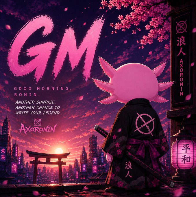 A vibrant pink-toned digital artwork titled 'GM' featuring 'GOOD MORNING, RONIN' and 'AXORONIN' branding, depicting an axolotl-like character in traditional Japanese attire with a katana overlooking a sunset cityscape with cherry blossoms.
