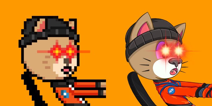 Two cartoon characters with glowing red eyes against an orange background: a pixelated figure in an orange spacesuit on the left and a cat-like character wearing a beanie and orange jacket on the right.