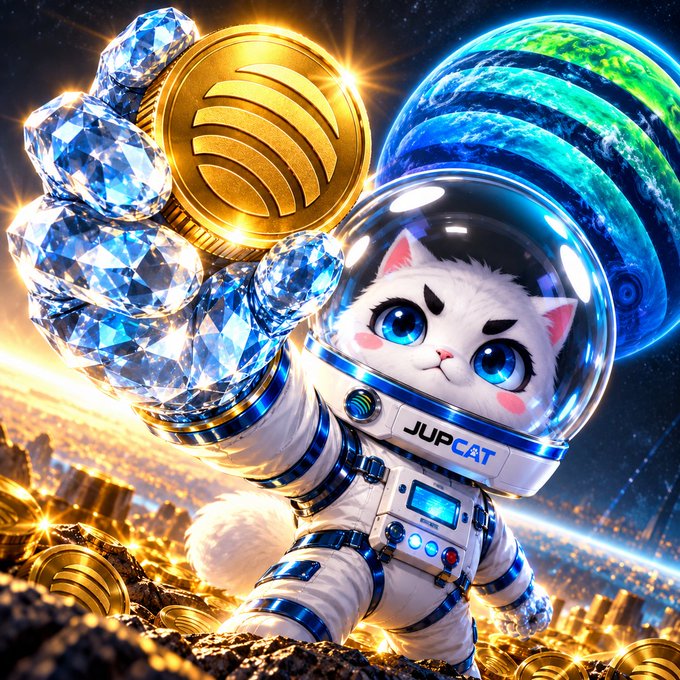 A digital illustration of a white cat wearing a space helmet and a suit with 'JUPCAT' written on it, holding up a fist encrusted with diamonds and a golden coin.