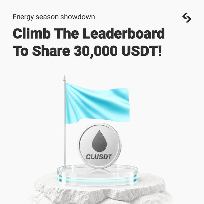 A promotional graphic for the "Energy Season Showdown" featuring a 3D render of a light blue flag and a silver "CLUSDT" coin on a glowing circular base atop a rock-like platform, encouraging traders to climb the leaderboard to share a 30,000 USDT prize pool. The bold headline reads "Climb The Leaderboard To Share 30,000 USDT!" with a bitget-style logo in the top corner.