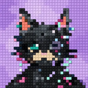 A pixel art rendering of Batman's head with a glitch effect against a purple grid background.