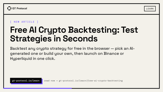 A promotional banner from GT Protocol announcing a new blog article titled "Free AI Crypto Backtesting: Test Strategies in Seconds," featuring a LEARN button and a call-to-action link to gt-protocol.io/learn/free-ai-crypto-backtesting, directly reflecting the post's message about browser-based crypto strategy backtesting with Binance and Hyperliquid integration.