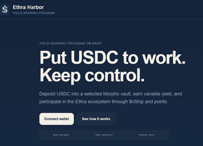 A landing page for "Ethra Harbor" yield-sharing program with the headline "Put USDC to work. Keep control," describing USDC deposits on Base Network into a Morpho vault.