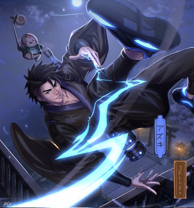 Anime-style fan art featuring a male character with dark hair wielding blue energy, alongside a shadowy figure with glowing eyes and a small companion on his shoulder.
