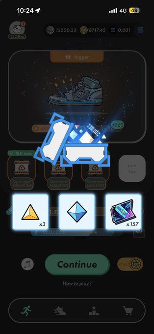A screenshot of a mobile game app showing a 'Jogger' sneaker NFT with rewards including x3 triangle, x1 diamond, and x157 crystal tokens.
