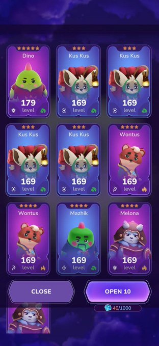A mobile game screen displaying a character selection or summon interface with nine character cards labeled 'Dino', 'Kus Kus', 'Wontus', 'Mazhik', and 'Melona', all around level 169 or 179, with 'CLOSE' and 'OPEN 10' buttons at the bottom.