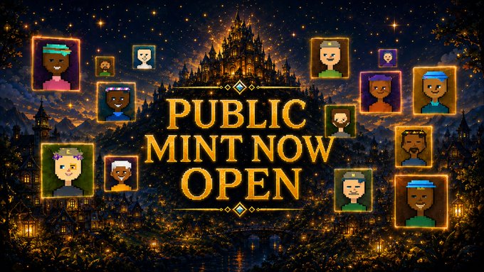 A magical nighttime scene features a glowing golden castle surrounded by pixel-art character portraits in floating frames, with the bold text "PUBLIC MINT NOW OPEN" announcing Kindra's free NFT mint for 1,337 Citizens on Robinhood Chain.