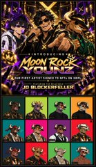 A promotional poster for the song 'Moon Rock Vol. 3' by Jo Blockerfeller, featuring colorful grid portraits of artists and a central image of a man wearing sunglasses.