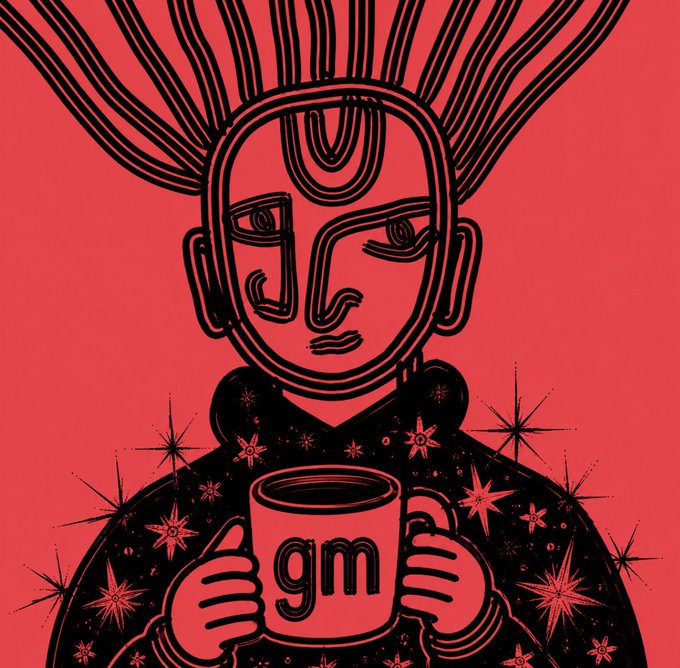 The image features a person wearing a black sweater, holding a coffee cup with "gm" written on it. The background of the image is red, which contrasts with the black sweater and white text. The caption below the image reads "gm #RnB".