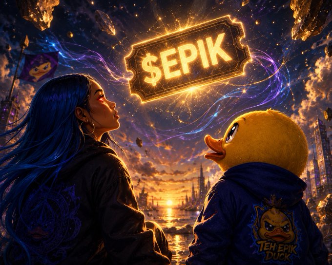 A digital art illustration showing a blue-haired woman and a yellow duck wearing a 'TEH EPIK DUCK' hoodie gazing at a glowing '$EPIK' ticket in the sky at sunset.