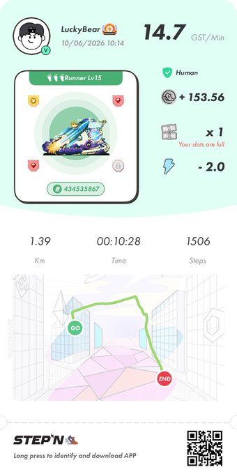 The image shows a screenshot of an app called "Stepn" that tracks physical activity, such as walking or running. The app displays information about the user's progress, including their steps taken, calories burned, and distance traveled. It also provides a map for users to follow along with their route during exercise.