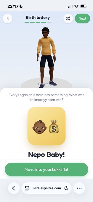 A mobile game screen showing a 'Birth Lottery' result labeled 'Nepo Baby!' for a character in a yellow sweater, with the prompt to 'Move into your Lekki flat'.