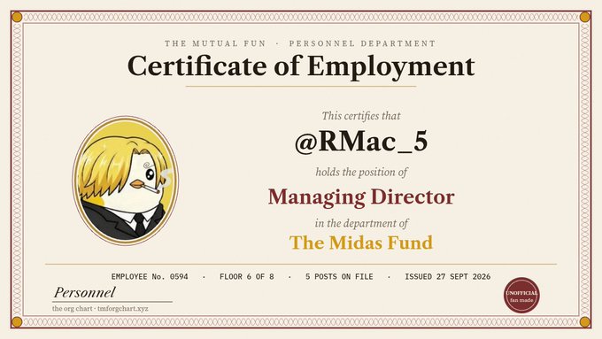 A digital 'Certificate of Employment' for @RMac_5, holding the position of 'Managing Director' in 'The Midas Fund', issued 27 Sept 2026.