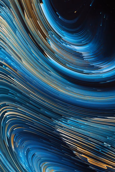 An abstract digital artwork featuring swirling, flowing lines in shades of blue, gold, and white, creating a dynamic, liquid-like texture.