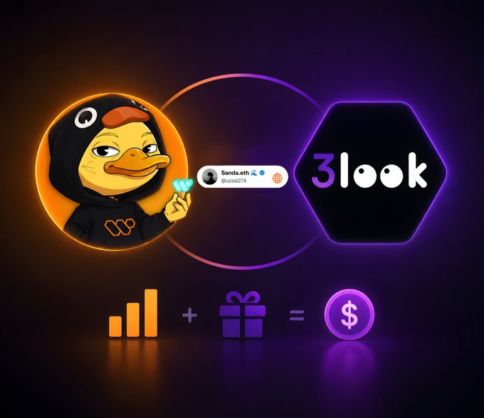 urn of gold coins, a gift box with a ribbon, and a hexagon-shaped logo for 3look are displayed against a dark purple background.