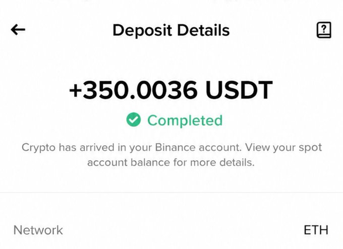 A Binance deposit confirmation screen showing +350.0036 USDT completed via the ETH network.
