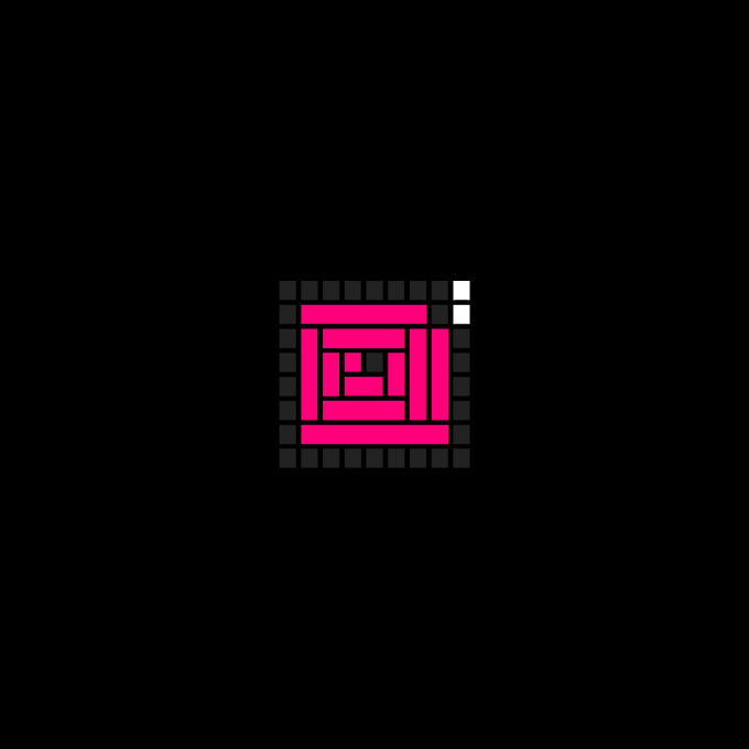 A small, pixelated graphic of a pink laptop or device on a completely black background.