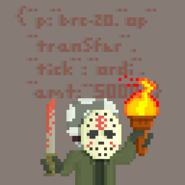 The image features pixel art of Jason Voorhees from Friday the 13th holding a bloody knife and torch, overlaid with a snippet of a transaction transfer script ("p: bre-zo.op", "transfer", "tick: ordi", "amt: 500") related to the mempool.space Ordinals/BRC-20 transaction link. The horror movie character likely serves as a meme-style illustration for a significant or large Ordinals transfer of 500 "ordi" tokens.
