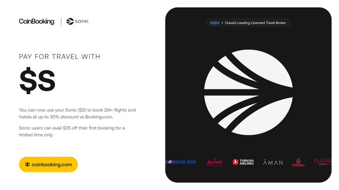 A promotional banner reading "CoinBooking | sonic - PAY FOR TRAVEL WITH $S" offering up to 30% off flights and hotels, featuring airline logos for Korean Air, Turkish Airlines, and others.