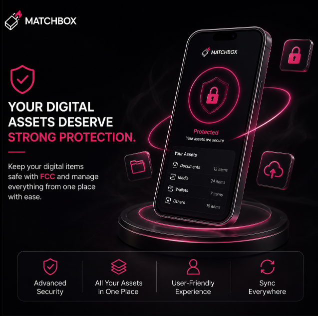 An advertisement for the MATCHBOX app, displaying a smartphone with a security shield icon and the headline 'YOUR DIGITAL ASSETS DESERVE STRONG PROTECTION,' alongside feature icons for Advanced Security, Asset Management, User Experience, and Sync.