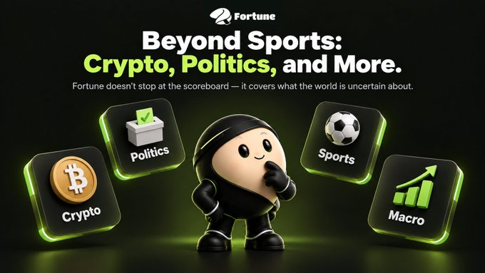 A cartoon ninja mascot stands center stage surrounded by four glowing category tiles labeled "Crypto," "Politics," "Sports," and "Macro," promoting Fortune's expansion beyond sports prediction markets. The "Fortune" logo tops the image alongside the headline "Beyond Sports: Crypto, Politics, and More," reinforcing the platform's multi-vertical trading ecosystem.