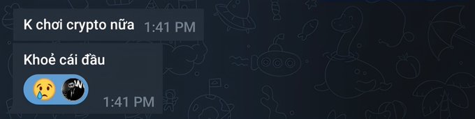 A screenshot of a chat message with the Vietnamese text 'K chơi crypto nữa' (Not playing crypto anymore) at 1:41 PM, followed by 'Khoé cái đầu' (Goodness, the head) and a crying emoji with a blacked-out face.