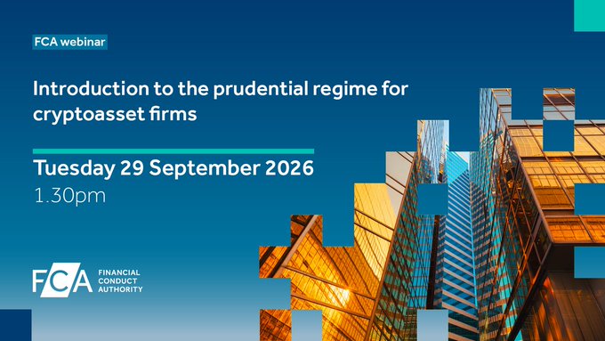 FCA webinar promotional graphic for 'Introduction to the prudential regime for cryptoasset firms' on Tuesday 29 September 2026 at 1.30pm.