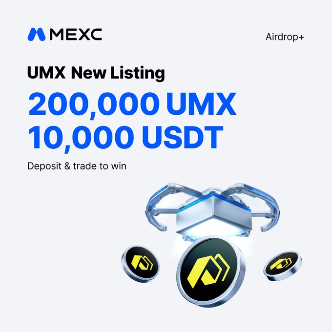 MEXC promotional banner announcing the new $UMX listing via Airdrop+, featuring a 200,000 $UMX and 10,000 USDT prize pool for users who deposit and trade, alongside a 3D render of glowing UMX tokens.