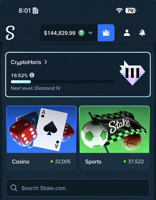 The image shows a Stake.com profile for user "CryptoHaris" displaying a balance of $144,829.99, a Diamond IV VIP level (19.52%), and stats including 32,005 Casino games and 37,522 Sports bets. The screenshot supports the giveaway post by showcasing a high-balance active user promoting $2,000 to 20 commenters on the platform.