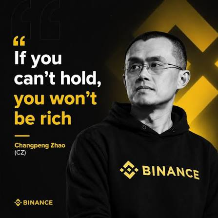 A promotional Binance graphic features Changpeng Zhao (CZ) alongside the quote "If you can't hold, you won't be rich." The image's emphasis on "holding" directly ties into the post's message urging viewers not to be "paper hands" with $PULP.