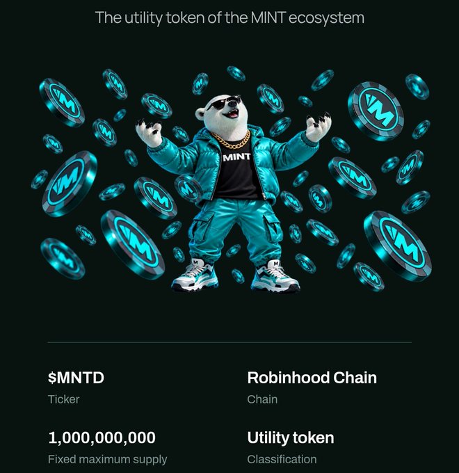 Promotional image for the MINT ecosystem utility token, showing an anthropomorphic panda mascot in teal streetwear surrounded by $MNTD tokens, with details indicating a ticker of $MNTD, Robinhood Chain, a fixed maximum supply of 1,000,000,000, and the title 'The utility token of the MINT ecosystem'.