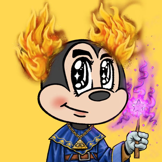 A cartoon illustration of a Mickey Mouse-like character wearing a wizard robe and hat, with flames on his ears, holding a glowing purple magic wand against a yellow background.