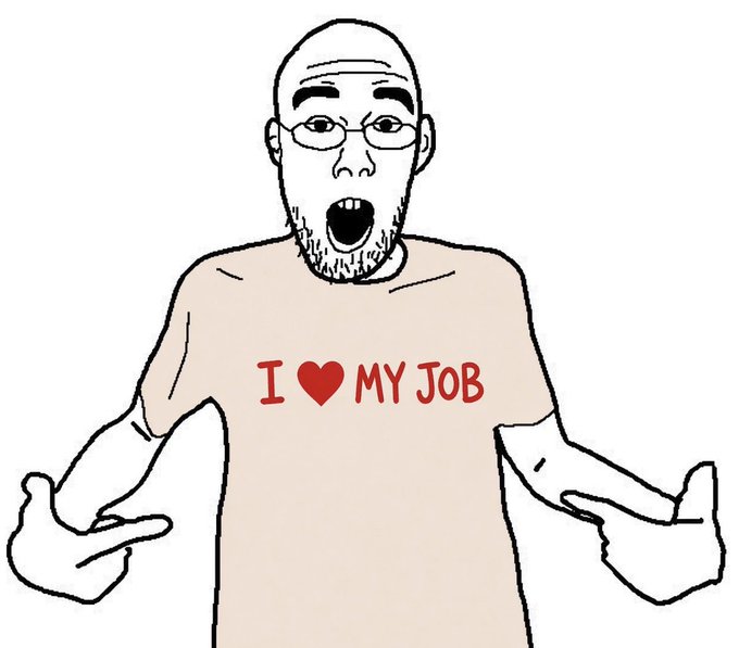 A black-and-white cartoon drawing of a bald man with glasses and a beard, wearing a shirt that says "I ♥ MY JOB" in red text, with his mouth open in an excited expression.