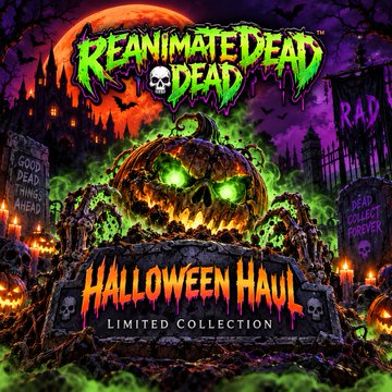 A Halloween-themed promotional graphic for 'Reanimate Dead Dead' featuring a glowing jack-o'-lantern, skull imagery, and text announcing a 'Halloween Haul Limited Collection.'