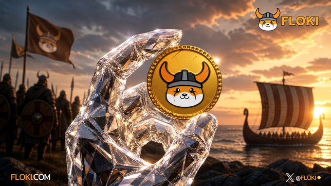 The image features a hand holding up a coin with a cat face on it, set against a backdrop of a Viking ship sailing on water under a sunset sky. The text "FEEL WELL FLOKISH FOKI FOREVER" is also present in the image.