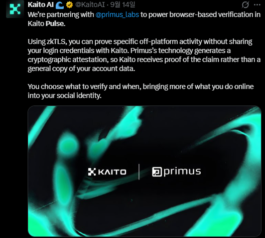 A post from “Kaito AI” announces partnership with “@primus_labs” to power browser-based verification in Kaito Pulse; the visible text mentions “zkTLS” and cryptographic attestation, with KAITO and primus logos below.