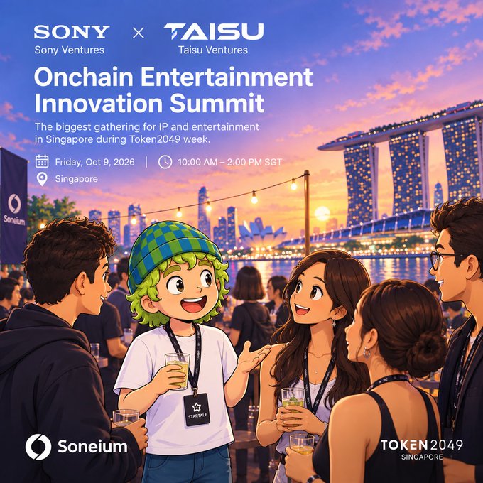 A promotional poster for the "Onchain Entertainment Innovation Summit" hosted by Sony Ventures × Taisu Ventures, taking place Friday, Oct 9, 2026, 10:00 AM – 2:00 PM SGT in Singapore during Token2049 week, featuring anime-style characters with a Singapore skyline including Marina Bay Sands in the background.