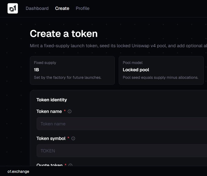 A dark-themed web interface for "o1.exchange" displays a "Create a token" page featuring a token creation form with fields for "Token identity," "Token name," "Token symbol," and "Quote token," with a fixed supply of "1B" and a "Locked pool" model noted. The screenshot corresponds to the launchpad step where users input their token's name and symbol before deploying.
