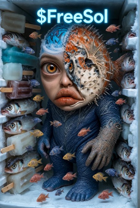 A surreal AI-generated artwork depicting a creature with a human-like face, fish-like body, and pufferfish textures, sitting inside a freezer surrounded by popsicles and small fish, with the text '$FreeSol' displayed at the top.