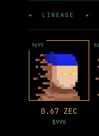 A pixel art NFT portrait from a 'LINEAGE' collection, showing a figure with a blue hat and yellow eyes, priced at '0.67 ZEC' / '$990', labeled with the number '9699'.