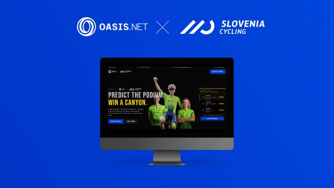 The image shows a collaboration announcement between OASIS.NET and Slovenia Cycling, featuring a computer monitor displaying a promotional page with cyclists in green jerseys and the headline "PREDICT THE PODIUM, WIN A CANYON." This ties to the accompanying post about trivia night and the Challenge Hub, which appears to be the platform hosting these cycling prediction contests that offer raffle tickets and prizes like the Canyon bike giveaway.