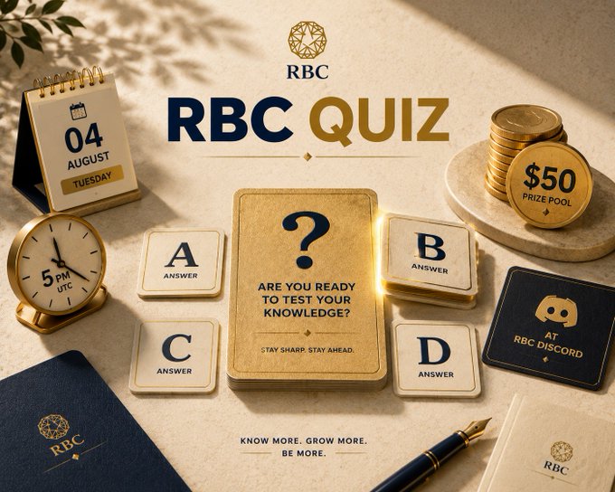 A promotional graphic for the "RBC Quiz" featuring a calendar showing "04 August Tuesday," a clock set to "5 PM UTC," a "$50 Prize Pool" badge, and answer tiles (A, B, C, D) surrounding a question card that reads "ARE YOU READY TO TEST YOUR KNOWLEDGE?" with a note that the quiz takes place "AT RBC DISCORD." The visual elements—quiz answer tiles, a ticking clock, prize pool, and date—directly reinforce the post's call to join the RBC Discord quiz on 4 August at 5 PM UTC for a chance at the $50 prize.