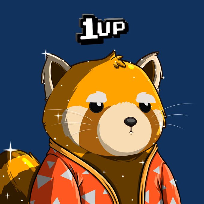 A cartoon illustration of a red panda with a serious expression wearing an orange patterned robe, with the text '1UP' displayed above its head on a dark blue background.