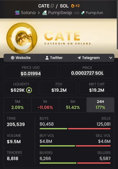 A cryptocurrency dashboard for CATE/SOL token (Catecoin on Solana) showing price $0.01994 USD, FDV $19.2M, market cap $19.2M, and notable price changes including +177% over 24H.