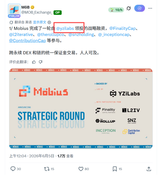 The image is a tweet from Møbius (@MOB_Exchange) announcing the completion of a strategic funding round led by YZi Labs, with participation from Finality Capital, L2 Iterative, Rollup Co., SNZ Holding, Inception Capital, and Contribution Capital.

The image directly supports the post by revealing that Mobius has secured backing from YZi Labs (Robinhood-related) and Lighter, aligning with the caption's emphasis on the project's early-stage investment credibility and airdrop potential.