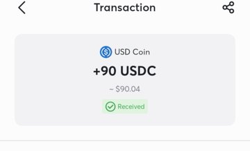 A transaction screenshot showing a received payment of +90 USDC ($90.04) in USD Coin, celebrating the user's early earnings from writing articles with support from their mutual followers.