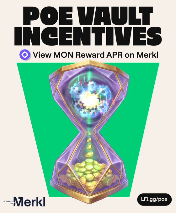 A promotional graphic titled "POE VAULT INCENTIVES" directs viewers to "View MON Reward APR on Merkl," featuring an hourglass illustration with glowing gears at the top and gold coins flowing downward. The image reinforces the post's message about POE vault rewards distributed through Merkl, where a 14.85x volume-to-TVL ratio is boosting yields with 10K $MON in daily rewards.