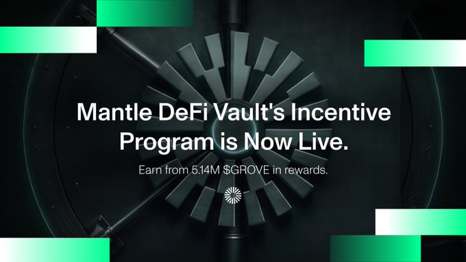 A promotional banner for the 'Mantle DeFi Vault's Incentive Program is Now Live' offering 'Earn from 5.14M $GROVE in rewards' with a vault door background.